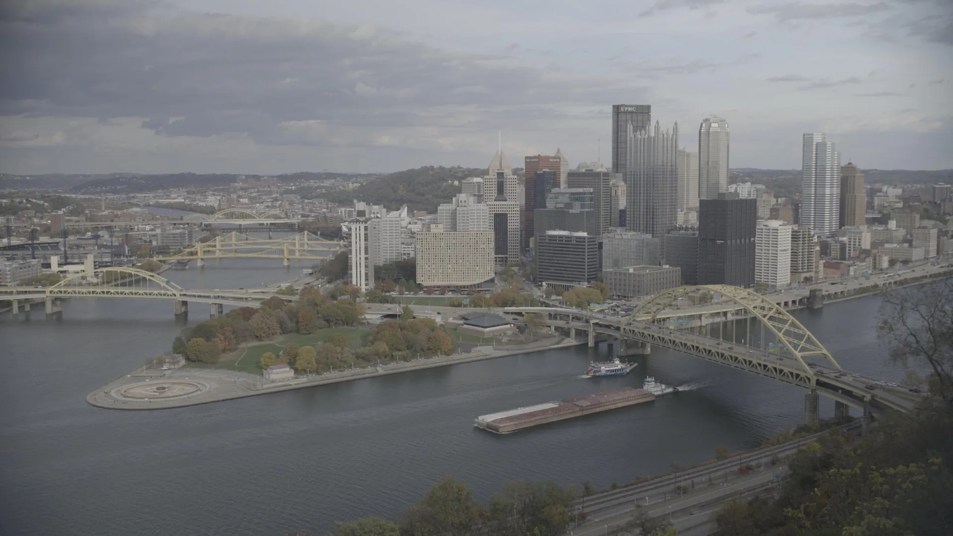 Downtown Pittsburgh skyline with bridges spanning the rivers