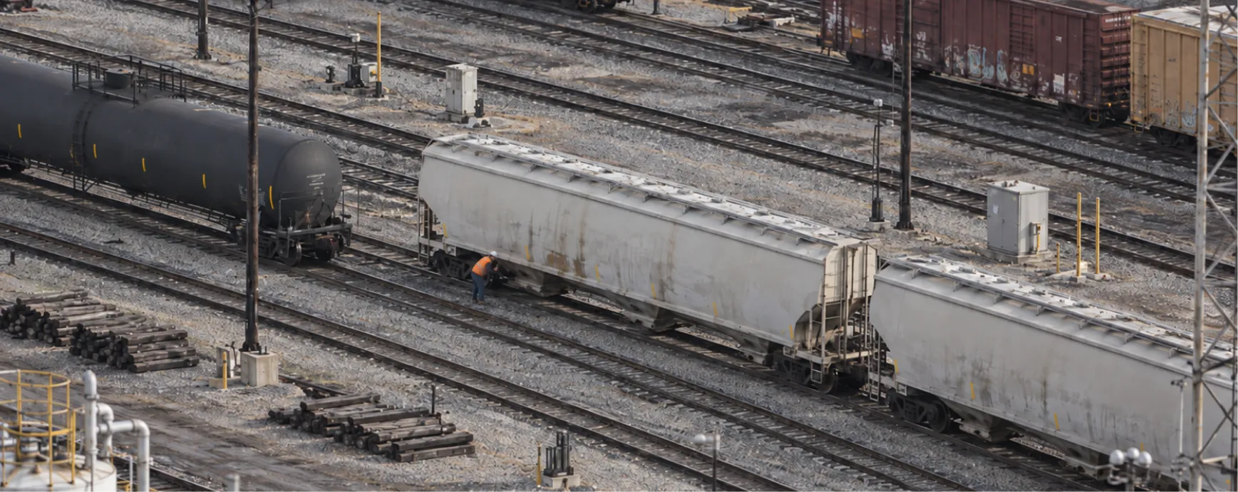 Freight railcars in an active rail yard
