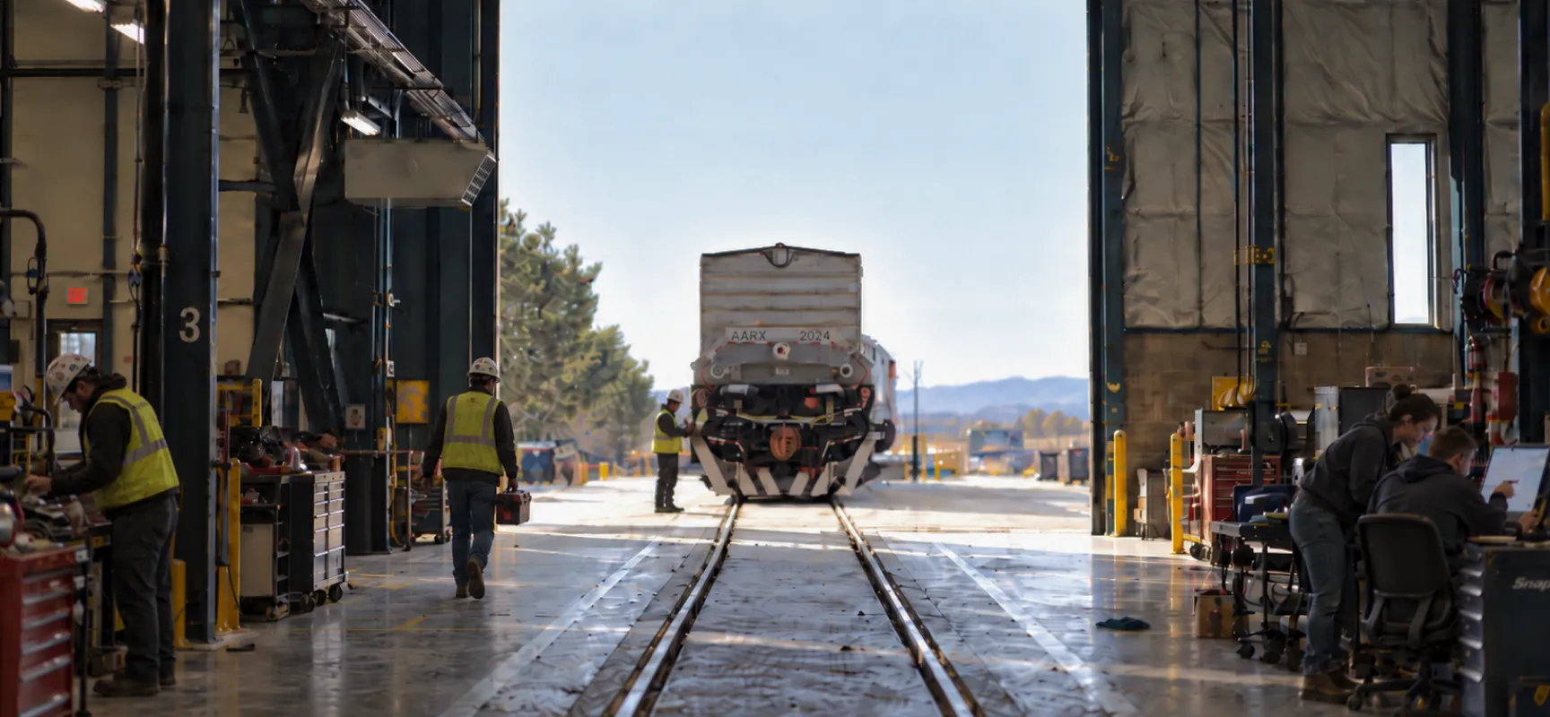 Railcar positioned in Wabtec maintenance and testing facility