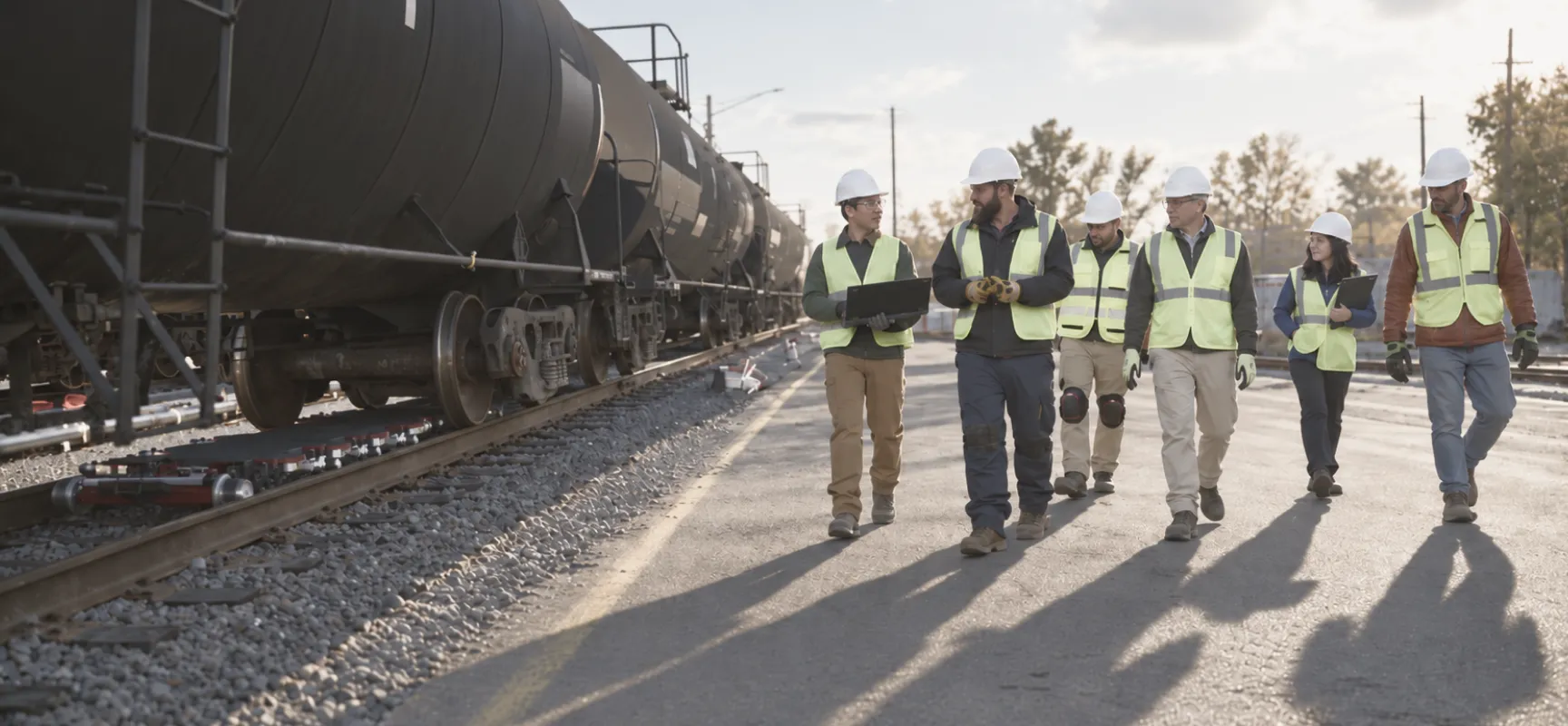 Forgeworks team walking alongside freight railcars