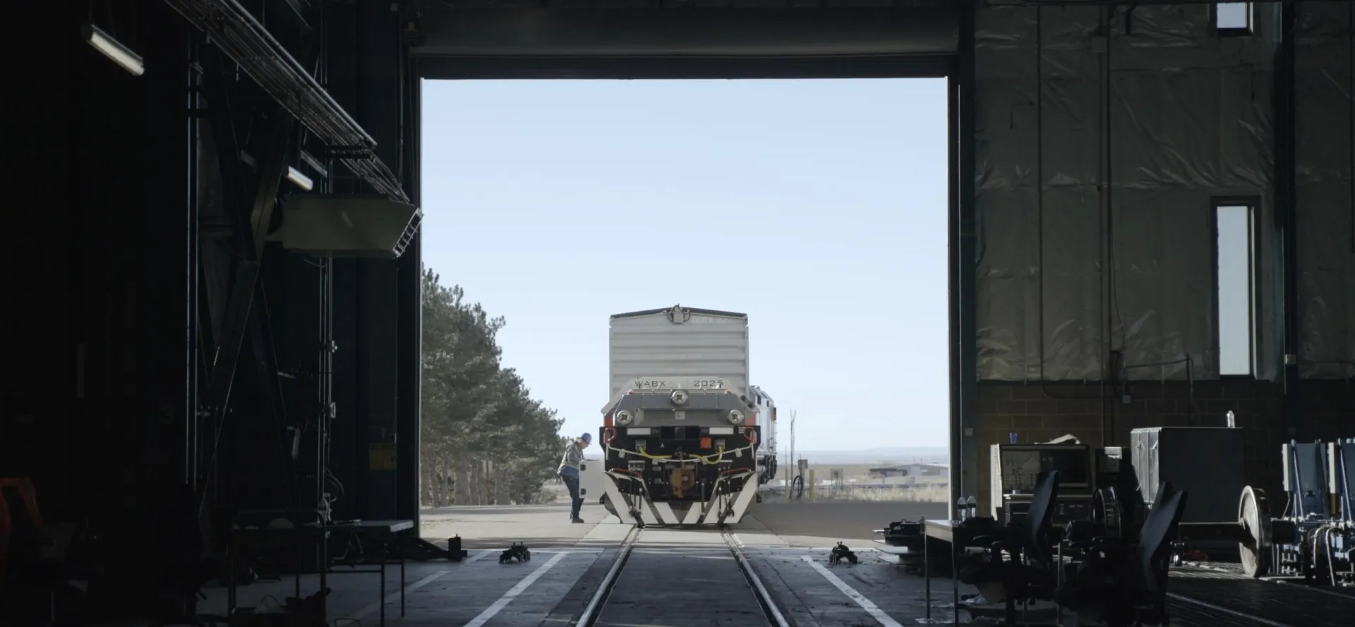 Railcar positioned in Wabtec maintenance and testing facility